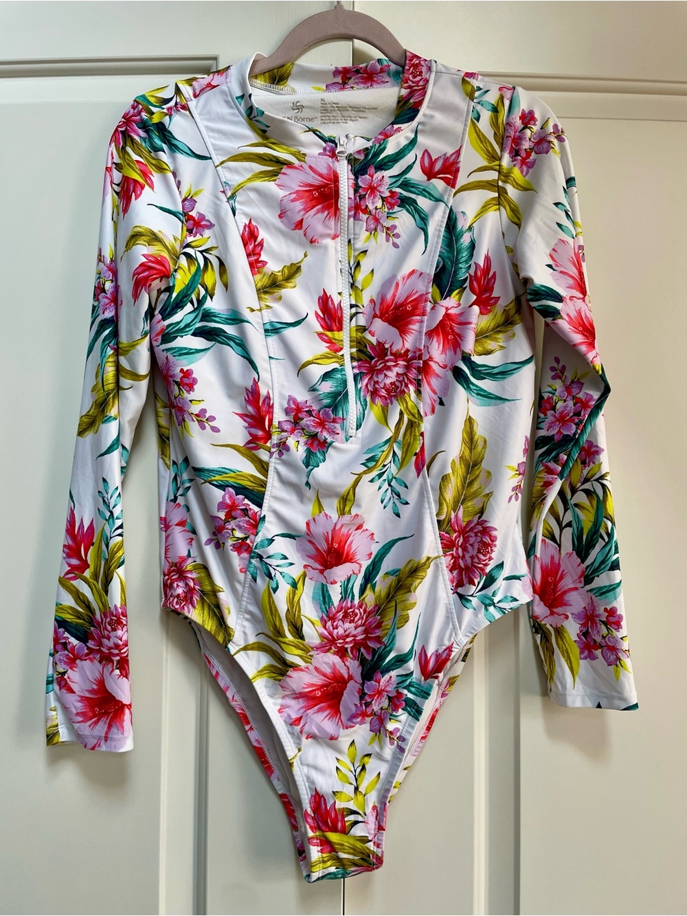 Sol Borne Zip Front Tropical Floral Long Sleeve XL Swimsuit Beach Cruise Pool